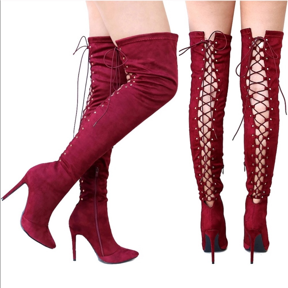 Wine Lace Over Knee Heeled Boots